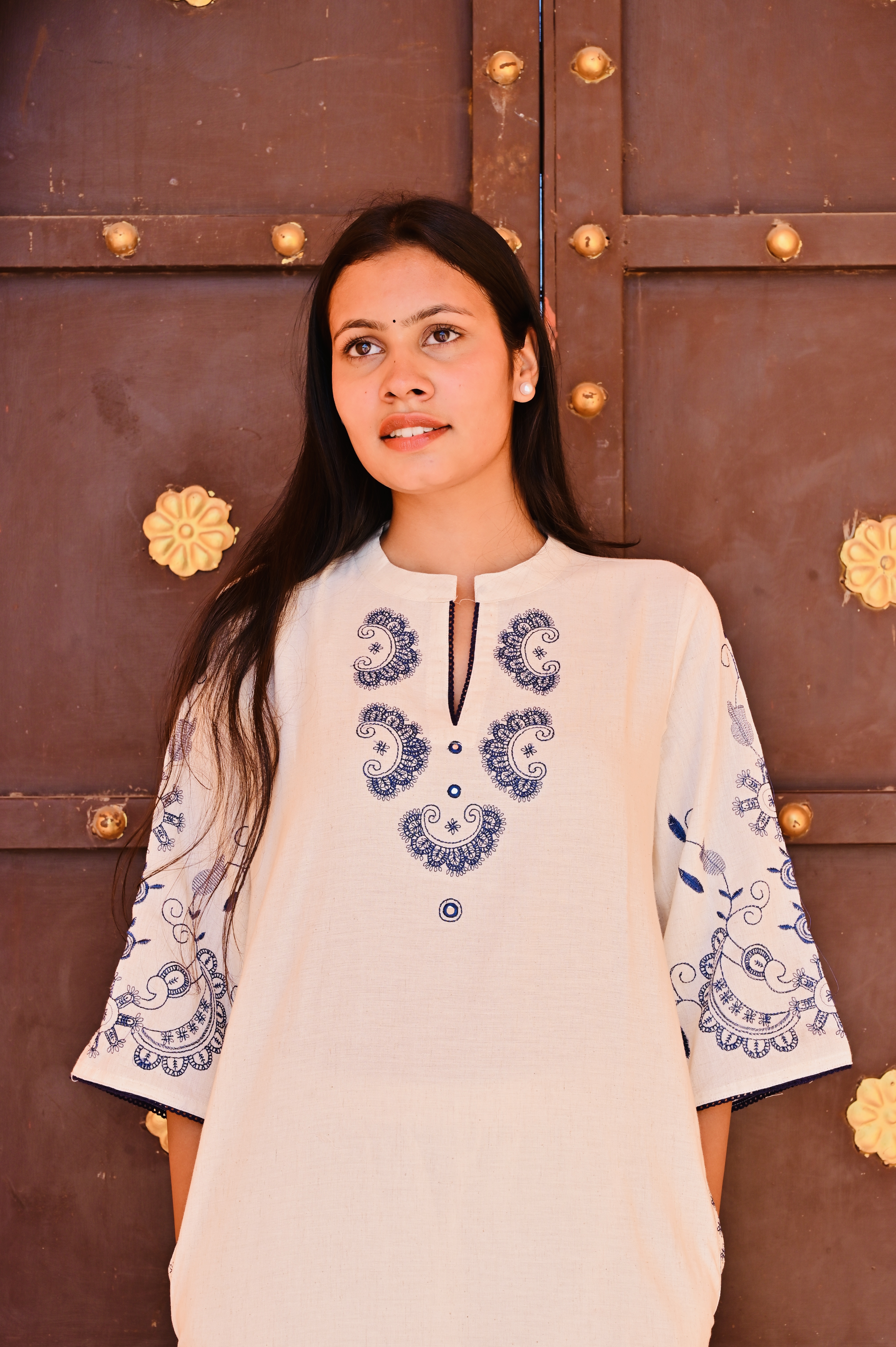 Off-White Kurti with Navy Blue Embroidery