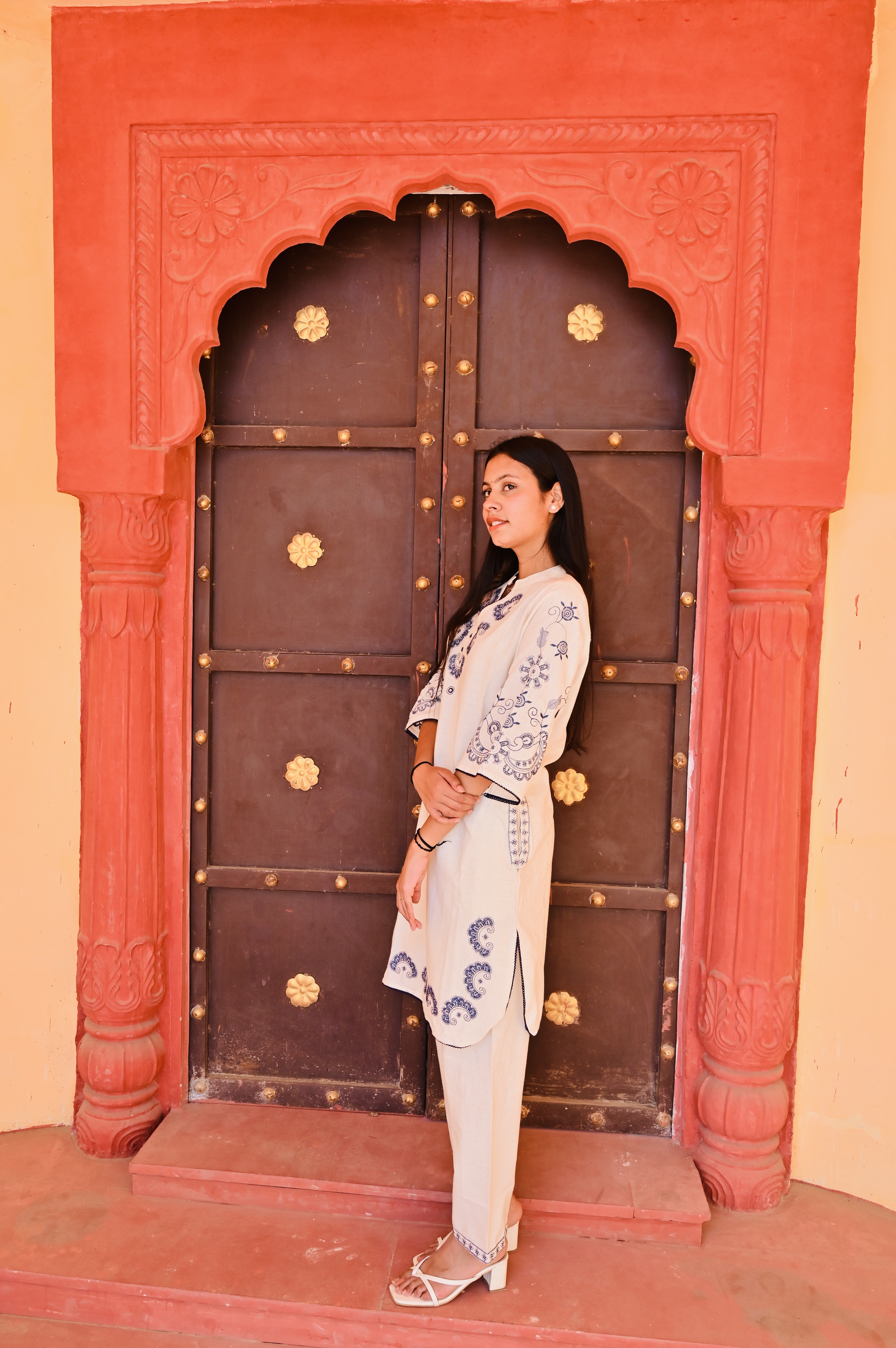 Off-White Kurti with Navy Blue Embroidery
