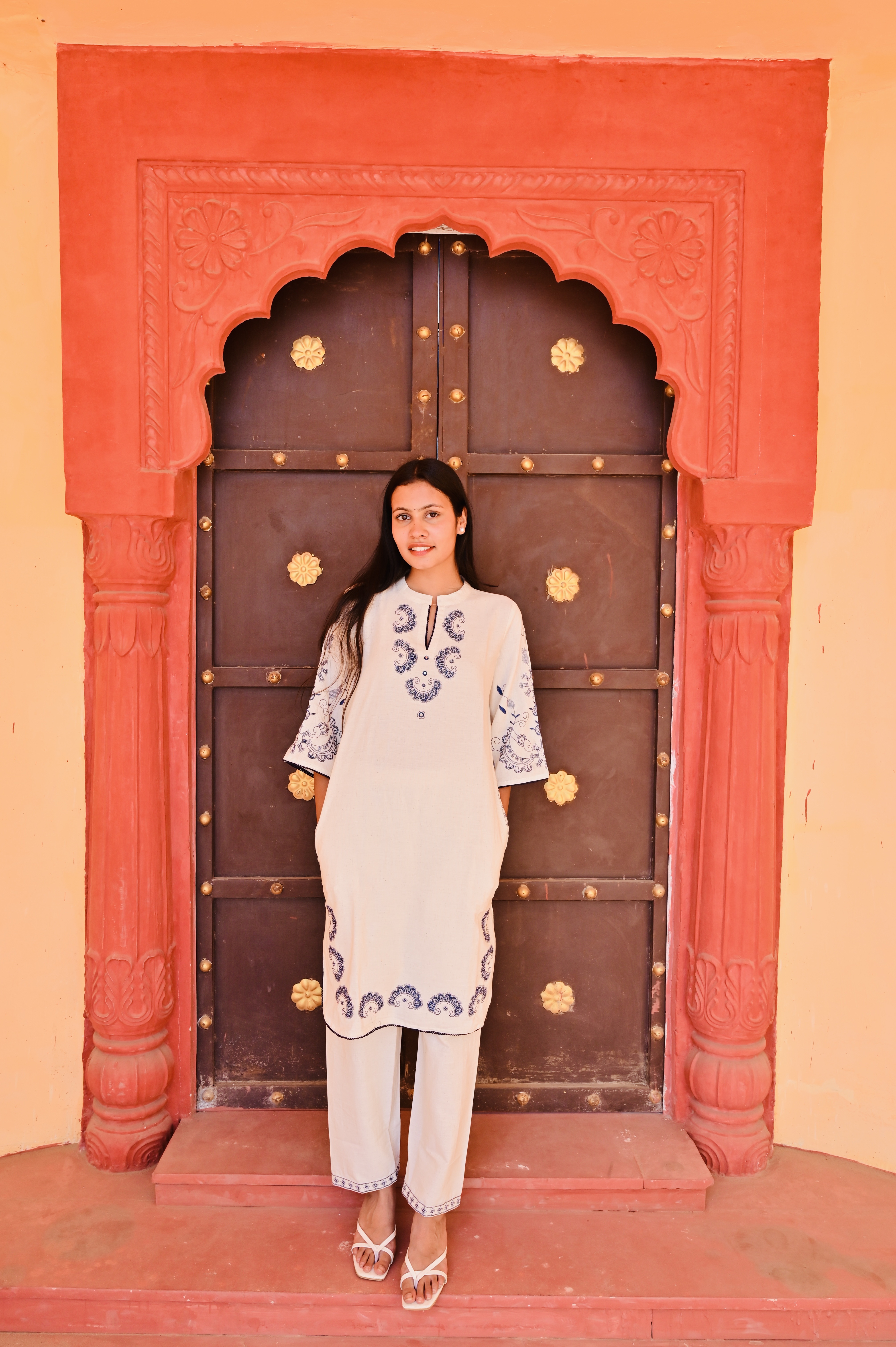 Off-White Kurti with Navy Blue Embroidery