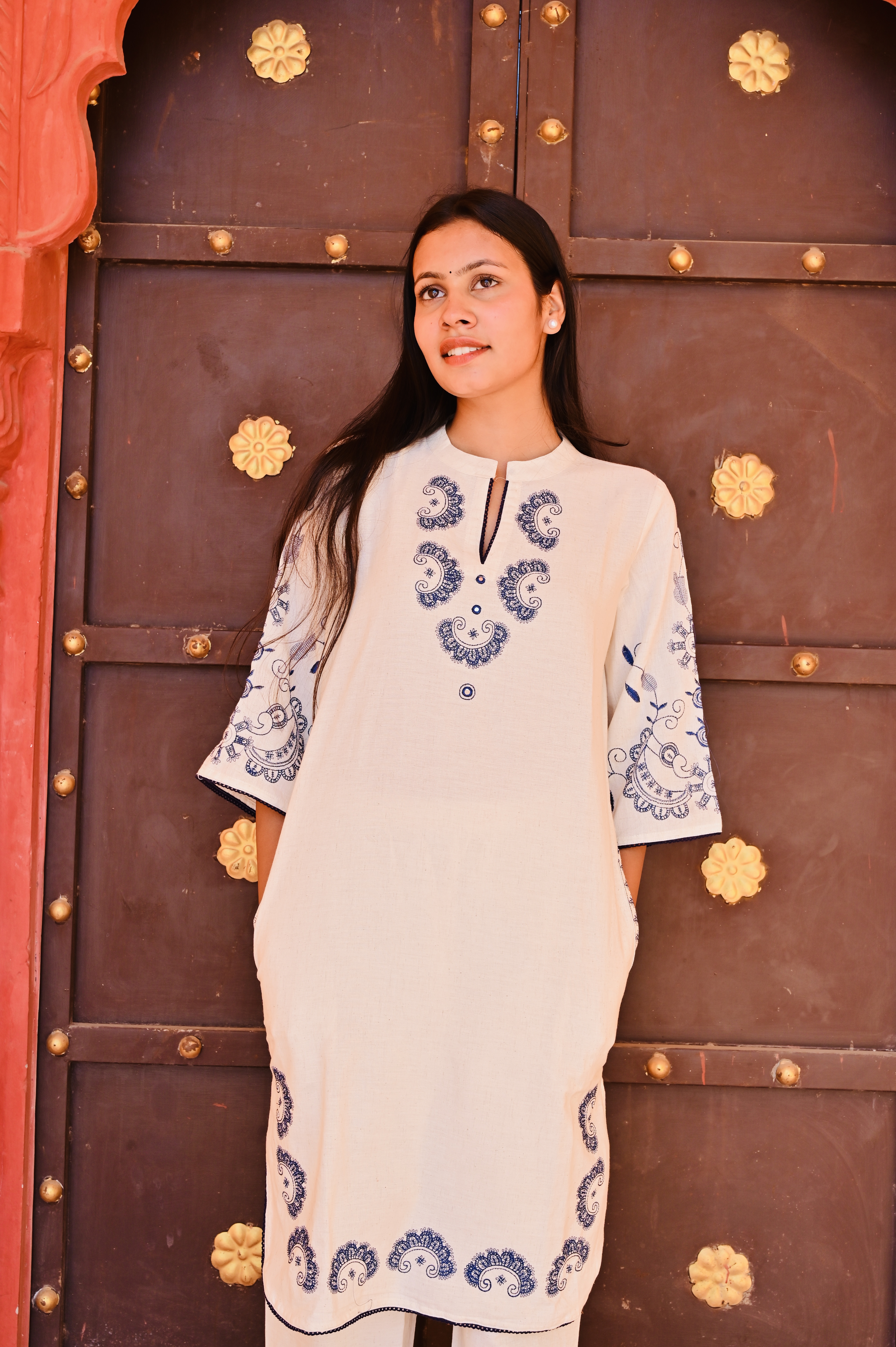 Off-White Kurti with Navy Blue Embroidery