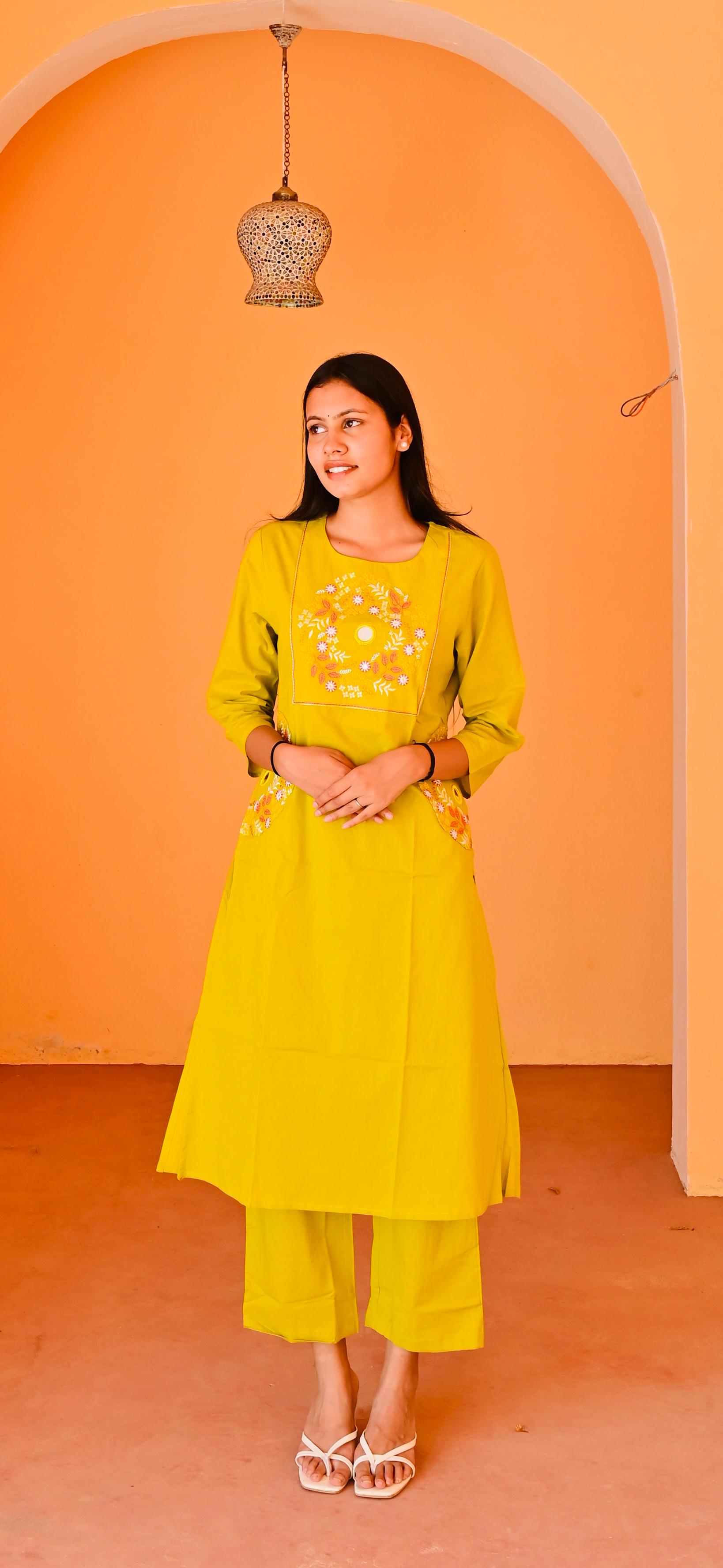 Lime Yellow Kurti with Multicolour Floral Embroidery